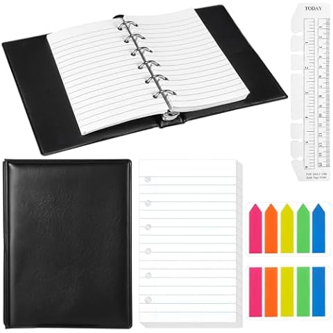 Feifeiya Mini 6 Ring Binder and 3 x 5 Inch Refill Paper Set,1 Black Refillable Binder,100 Lined Loose Leaf Paper, 1 Translucent Bookmark Ruler, 200 of Colorful Index Sticky Tabs for Office Cover