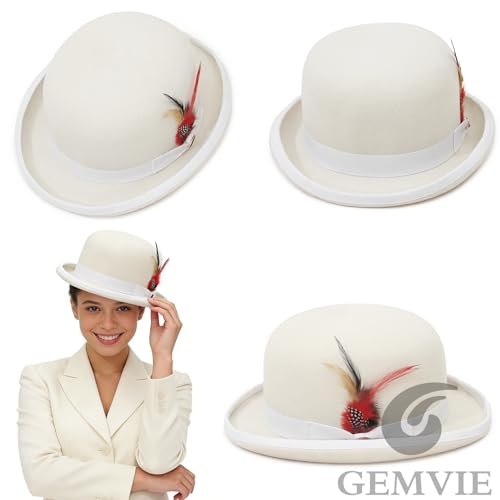 Image of GEMVIE Men's Bowler Derby Hat 100% Wool Bowler Hats for Men with Feather Black Derby Hat Satin Lined