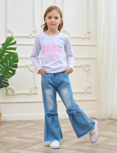 Image of Toddler Girl Clothes Long Sleeve Cartoon & Letter Graphic Top + Fruit Stationery Print Flared Leg Pants