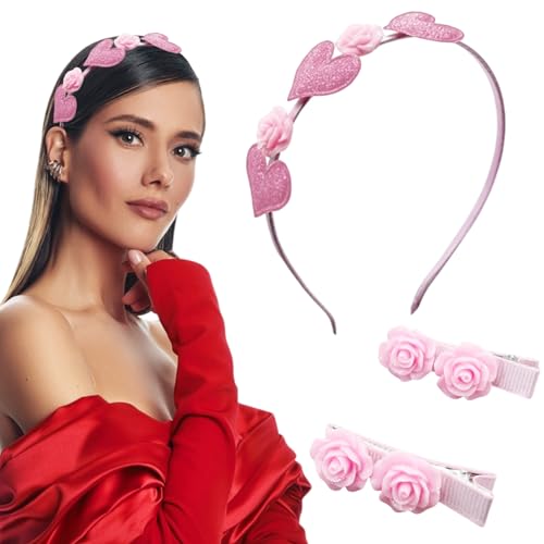 1 Pcs Valentines Day Glitter Red Heart Pink Rose Headband 1 Pair Rose Hair Clips Glitter Love Hearts
