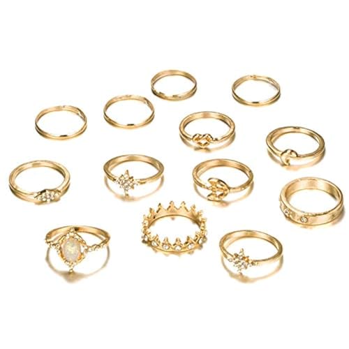 Belicey Boho Crystal Rhinestone Stacking Rings Set Gold Star Knuckle Joint Ring Fashion Joint Finger Rings Set for Women (12Pcs)
