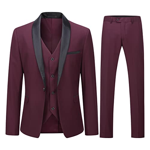 Boyland Men’s 3 Pieces Suit Shawl Lapel Tuxedo Suits One Button Tux Jacket Vest Trousers Dinner Wedding Claret #TOP12