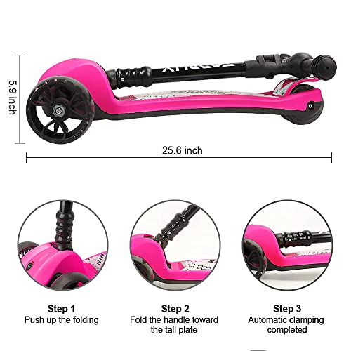 Tonbux 3 Wheel Scooter, Kids Scooters Age 3-12, Foldable Toddler Kick Scooter With 4 Adjustable Heights, Flashing 3-Wheels And Anti-Slip Deck, For Boys & Girls, Up To 110 Lbs, Rose Red #TOP2