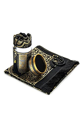 Muslim Prayer Rug And Prayer Beads With Elegant Design Cylinder Gift Box | Janamaz | Sajadah | Soft Islamic Gifts Set | Carpet Mat, Taffeta Fabric, Black #TOP1