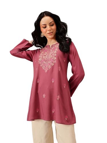 Image of QAZMI Women's Bahar Kashmiri Zari Resham Work Viscose Rayon Full Sleeves A-Line Short Kurti