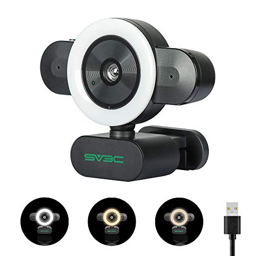 SV3C Streaming Webcam, 2K Videokamera für Computer mit einstellbarer Helligkeit, Ringlicht integriertes 360° MIC USB Plug and Play Desktop Laptop PC Kamera Webcam mit Mikrofon für Xbox Skype Zoom OBS Cover