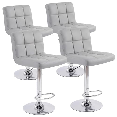 Image of DUMOS Bar Stools Set, 24 inch Counter Height Swivel Chairs, Upholstered Modern Kitchen Barstools with Metal Base, PU Leather Saddle Stools for Kitchen Island, Grey