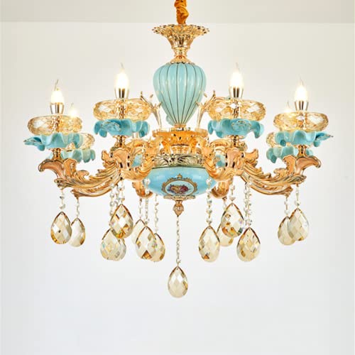 Chandelier en cristal et céramique vintage bleu et doré pour salon raffiné