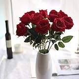famibay 10pcs Artificial Rose Bouquets Vantage Fake Silk Rose Flowers with Leaf and Plastic Stem for Home Wedding Party Anniversary’s Day Garden Hotel Decoration Red