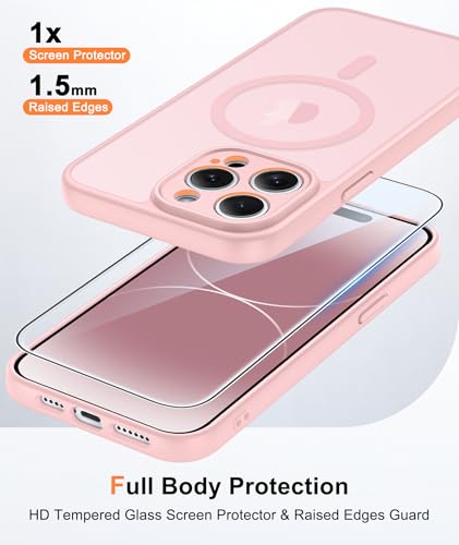 Image of FNTCASE for iPhone 14 Pro-Max Case: Translucent Pink Slim Cases Compatible with MagSafe, Full Camera Protection & Tempered Glass Protector, 14FT Military Grade Drop Tested, Matte Skin-Friendly Cover