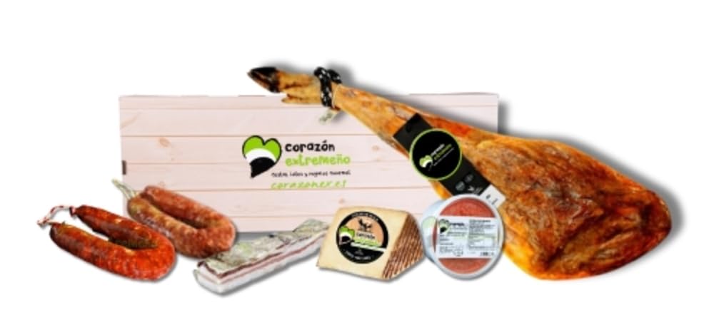 Cesta de Regalo para Empresas con Jamón Ibérico de Cebo, Panceta Ibérica Salada, Queso de Oveja Artesano, Chorizo Ibérico – Corazón Extremeño