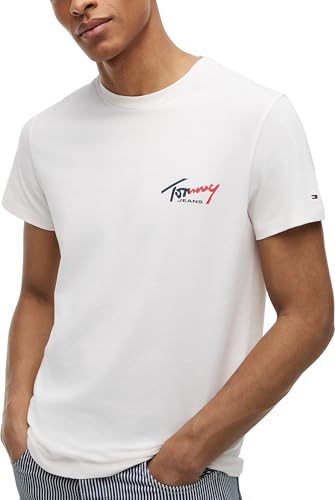 Tommy Jeans Herren T-Shirt Kurzarm Slim Sign Chest mit Logo, Elfenbein (Ancient White), 4XL – Ansicht 4