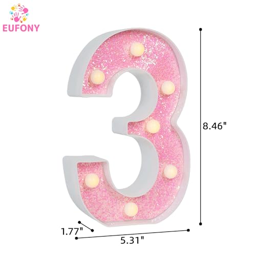Image of Pink Glitter Marquee Light Up Numbers, LED Number Lights Battery Operated for Girls 3rd 13th Pink Birthday Party Table Decorations, Wall Decor for Girls Bedroom, Number 3 Sign Warm White Lights