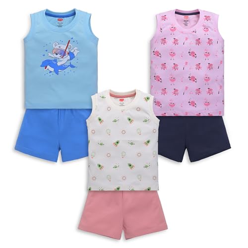 Image of LuvLap Baby Boys Regular Fit 100% Cotton Sleeveless Boys T-Shirt & Shorts Set Pack of 3
