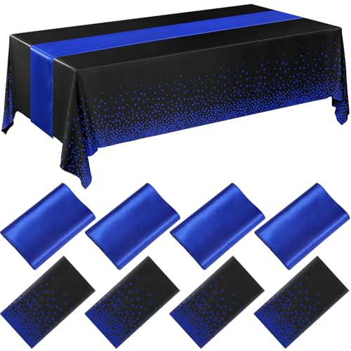 Image of Breling 8 Pack Black and Blue Disposable Plastic Tablecloths and Satin Table Runner Set, 54 x 108 Inch Tablecloth, 12 x 108 Inch Table Runners for Wedding Graduation Birthday Baby Shower New Year