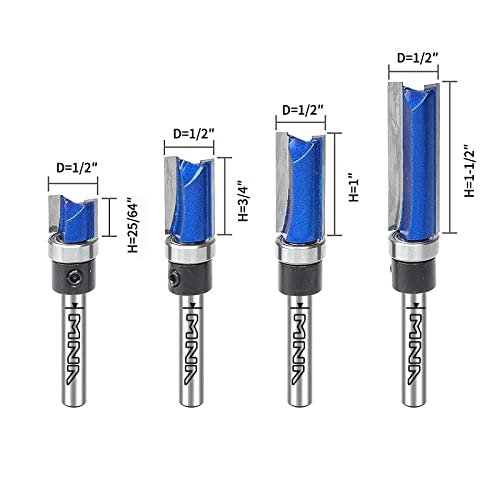 Mna Top Bearing Flush Trimer Bit 4 Pcs Set, Pattern Flush Trim Router Bit Set, 1/4 Inch Shank. Cutting Height In 25/64”, 3/4”, 1”, 1-1/2”Great For Edging, Veneer, Or Laminate (Send Bearing) #TOP1