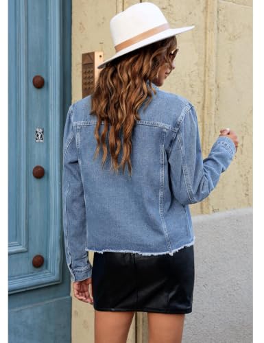 Image of luvamia Denim Jacket for Women Distressed Jean Jackets Button Up Vintage Western Trucker Jacket Frayed Hem Pockets