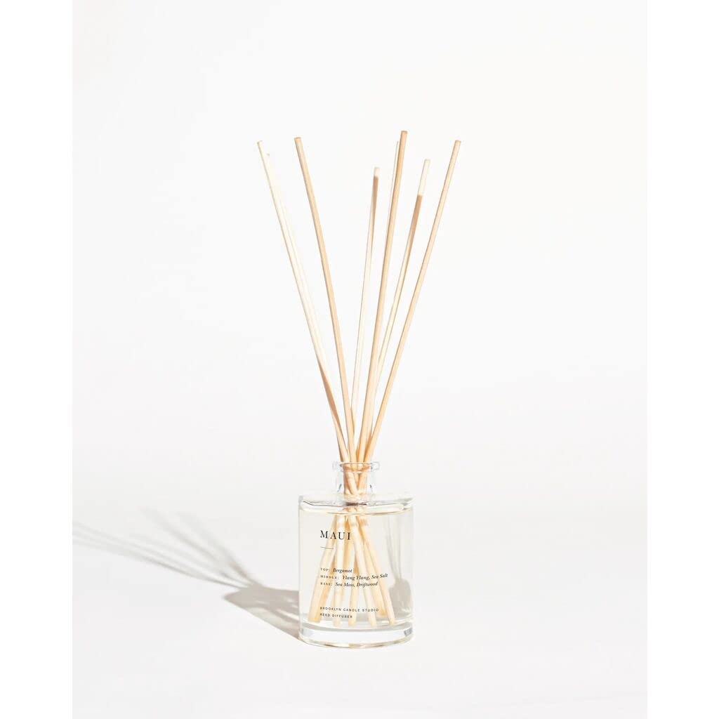 Brooklyn Candle Studio Reed Scent Diffuser - Maui - Relaxing Oil Diffuser, Sea Salt, Driftwood & Ylang Ylang Fragrance, 8 Rattan Diffuser Reeds, Clean Ingredients - 3.7oz