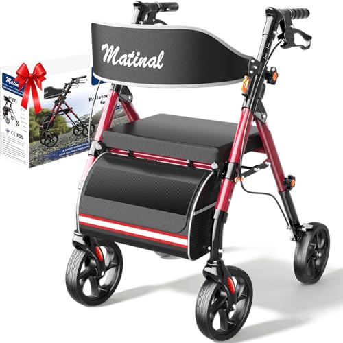 Image of Walkers for Seniors with seat, Rollator Walker with Seat, Burgundy | Walkers for Seniors Foldable, 300 lb Capacity, with 8'' Big Wheels, Rolling Walker