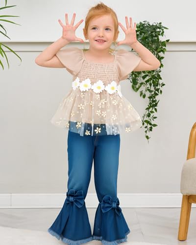 Image of XUANHAO Toddler Girls Clothes Puff Sleeve Smocked Shirt Flare Jeans Pant Outfits for Girl Bell Bottom Kids Girls Clothing Set