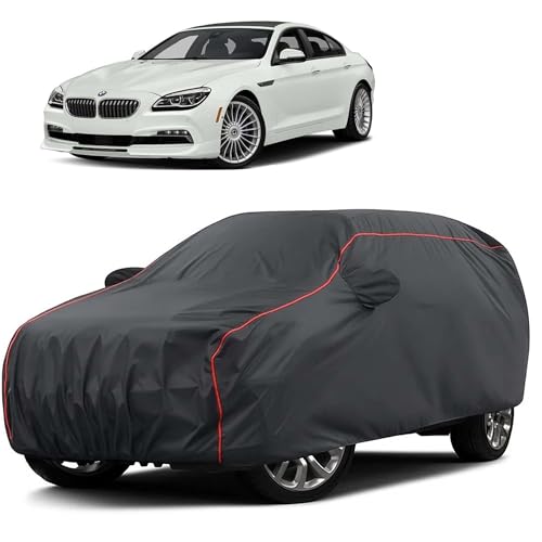 Image of Sulfar 100% Water Resistant Car Body Cover Compatible with Mirror for BMW Alpina B6 (Triple Stitched, Full Bottom Elastic, Dark Grey Taffeta with Red Piping)