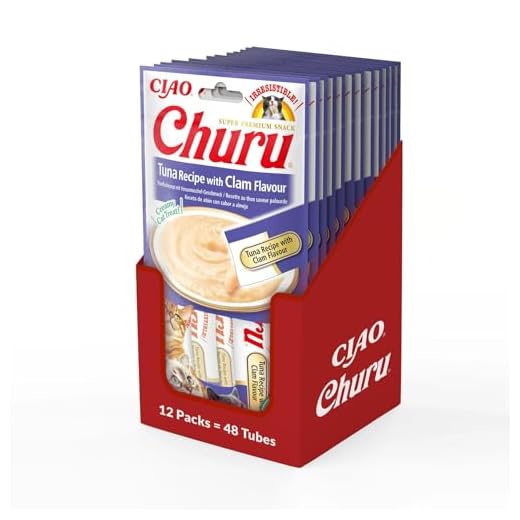 INABA Churu Puré de Gatos - Pasta para Gatos para Alimentar a Mano - Palos para Gatos con atún y almeja - 12 Paquetes / 48 palitos