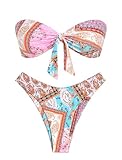 ZAFUL Knotted Bandeau Bikini for Women Strapless Swimsuits High Cut Bathing Suit Sexy 2 Piece Swimwears Pink Tribal S