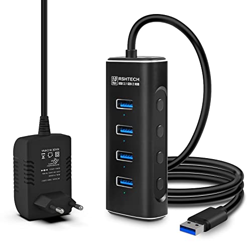 Hub Usb 3.1 RSHTECH Hub USB C con 4 Puertos USB 3.2 de 10Gbps de Aluminio, de 10W(5V/2A) Adaptador alimentación, Cable de 100cm, con...