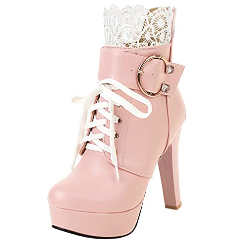 Parisuit Womens Chunky Platform Ankle Boots High Heel Lace Up Boots Sweet Lace Back Zipper Shoes