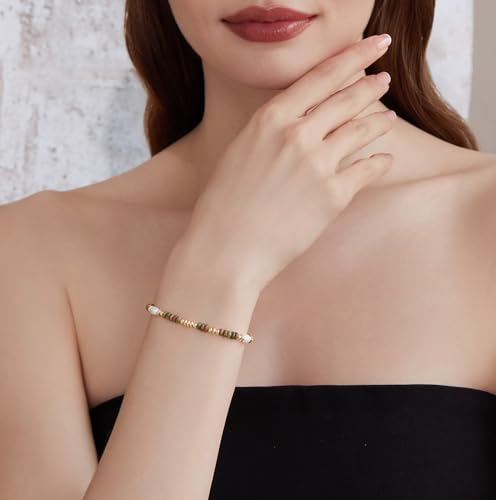 Cicy Bell Beaded Bracelets for Women, 14k Gold Plated Apatite Boho Bracelets, Epidote Shell Pearl Bracelets, Trendy Jewelry Gifts for Lover Mom Friends4