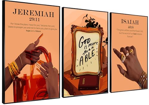 KBIERQN 3Pcs Trendy Black Girl Wall Art Christian Black Woman Poster Prints Fashion African American Female Canvas Pictures Scripture Jeremiah 29:11 Isaiah 40:8 Religious Wall Decor 12x16In Unframed