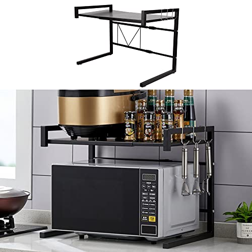 MINGYI Étagères Télescopique Cuisine, Étagère Rangement Cuisine avec 3 Crochets, Longueur Réglable (40-65) cm, Support de Four à Micro-ondes, Étagères à Épices, Noir (40-65)×36,5×42 cm