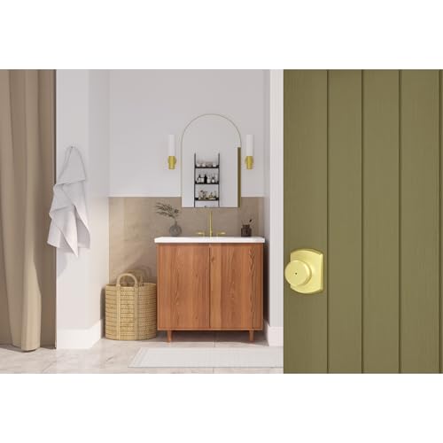 Image of SCHLAGE Bowery Bed /Bath Privacy Door Handle with Lock, Satin Brass | Interior bedroom or bathroom door lever with push button lock, Reversible, Easy install, Certified durability, Universal fit