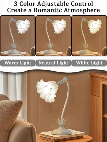 Image of Flower Table Lamp,Bedside Table Lamp for Bedroom LED Reading Light 3 Color Modes,Vintage Flower Lamp Kawaii Table Lamps Desk Living Room Home Decor Mothers Day Birthday Gifts for Mom Women(White lamp)