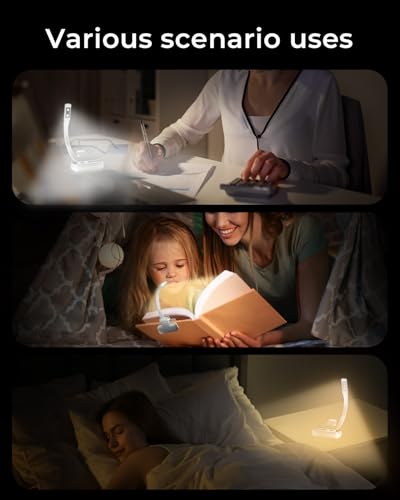 Image of Book Lights,Reading Light with Replaceable USB Rechargeable Battery,3 Color & Stepless Dimming Book Light for Reading at Night,Lightweight and Ideal for Long Trips and Camping (White)