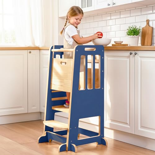 Image of WINGYZ Toddler Tower - Anti-Tip Natural Wood Learning Stool Helper for Kids 18M-6Y, 150lb Capacity Kitchen Stool with 3-Height Adjustable Platform and Sliding Door Access, 20lb Portable Design, DK BLU