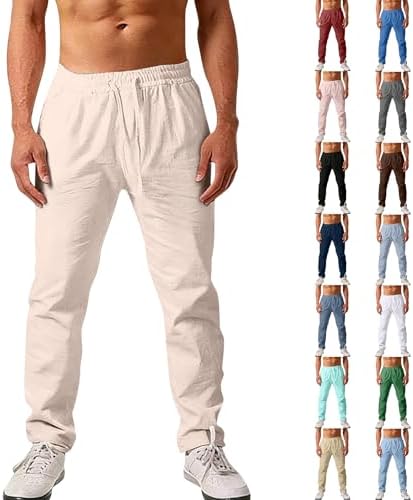 HswsEJ Linen Pants Men Slim Fit Summer Vacation Beach Pants Casual Drawstring Elastic Waist Lightweight Linen Trousers