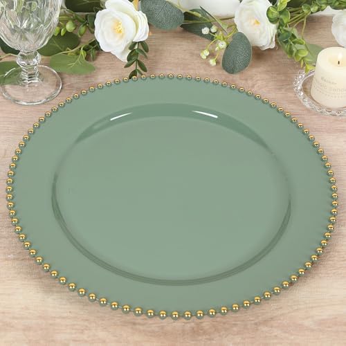 Efavormart 10-Pack 13 Dusty Sage Green Gold Beaded Rim Charger Plates Economy Round Dinner Serving Trays for Botanical Themes and Garden Parties