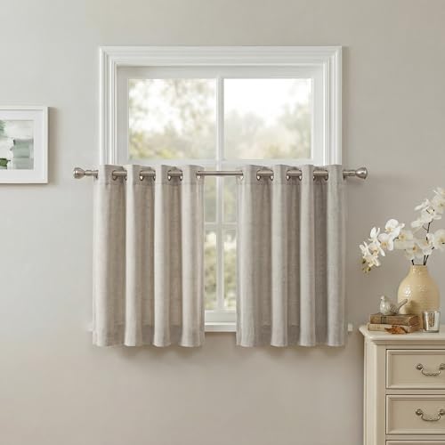 NICETOWN Small Linen Curtains 30 Inches Long, Farmhouse Semi Sheer Light Filtering Kitchen Panels Grommet Short Drapes for Basement/Window/Cafe, 2 Pan