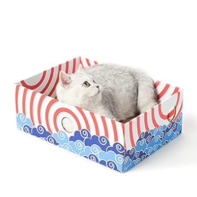 Conlun Cat Scratcher Box with Cat Scratching Board- Portable Cardboard Lounger for Feline Pet - Heavy-Duty Double-Sided Cardboard Cat Scratchers and Interactive Hole Design-Medium-Red