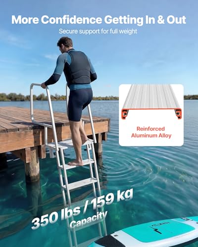 Image of VEVOR Flip-Up Dock Ladder, 6-Step, Heavy-Duty Aluminum Alloy Pontoon Boat Swim Ladder, with Non-Slip Wide Steps, 350 lbs Weight Capacity, Pull Rope Assist, Comfort Use for Lake Pool Marine Boarding