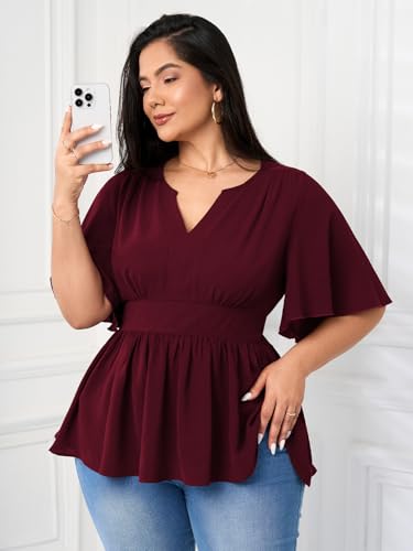Women's Plus Size Peplum Tops V Neck Short Sleeve Summer Tops Babydoll Dressy Casual Top2
