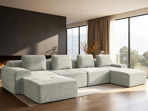 Image of 159 inch U-Shaped Modular Sectional Sofa, Oversized Boneless Cloud Couch for Living Room with Extra Deep Seat & High Back, Tool-Free No Assembly, Soft Chenille (Light Grey, 159 inch-U Shaped(4+2))