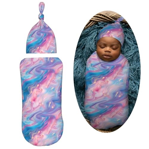 Image of Pink and Blue Marble Newborn Swaddle Blankets Hat Sets Soft Baby Receiving Blanket Swaddle Sack for Baby Shower Infant Boy Girl Gift