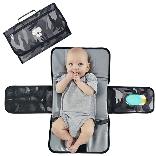 Image of My lil Aviator Black Grey Baby Camo Portable Diaper Changing Pad Waterproof Foldable Travel Mat with Pockets Soft Oxford Fabric Lightweight Compact Changing for Parents Multiple Pockets for Storage