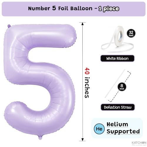 Image of KatchOn Pastel Purple Number 5 Balloon Lilac Birthday Decorations - 40 Inch