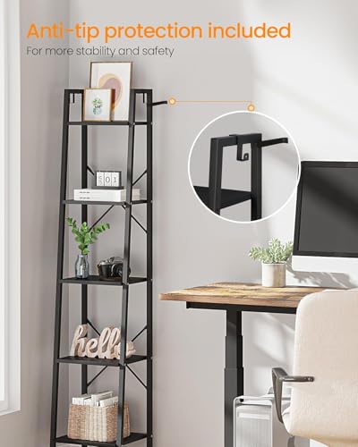 Image of Hzuaneri 5-Tier Ladder Shelf, Narrow Bookshelf, Corner Storage Shelves, Freestanding Bookcase with 2 Hooks for Home Office, Living Room, Kitchen, Bedroom, Industrial, Black BC03204B