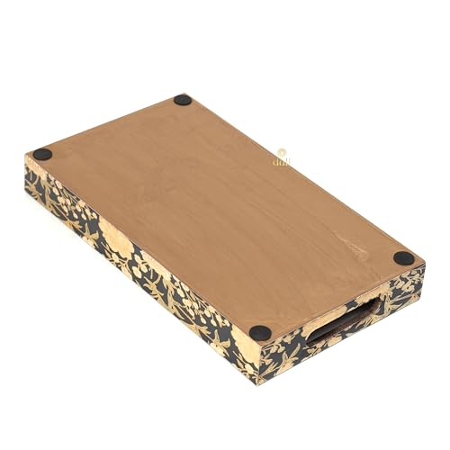Image of Set of 3 Waterproof Lacquer Coated Wooden Trays - Embossed Floral Design in Gold & Black, Multipurpose MDF Serving Tray with Handles (16x10, 14x8, 12x6 Inches) (PremiumSetof3- BlackFloral)