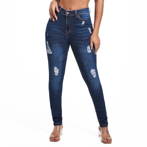 FISCLOSIN Women's Ripped Stretch Mid Waist Jeans Butt Lifting Distressed Skinny Denim Pants3