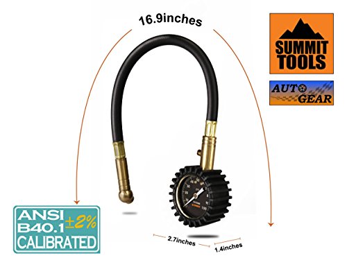 Summit Tools Tire Pressure Gauge with Glow Dial, 0 to 100 PSI, Hold Valve, 10 in. Flexible Hose, Pressure Bleeding Button, Rubber Head Cover. Automobile Accessory